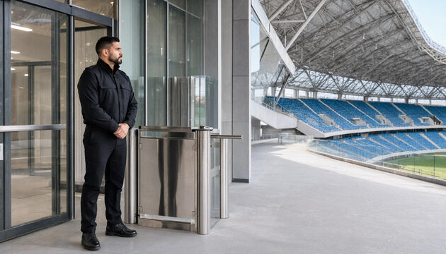 Professional security guard standing near entrance gate at modern outdoor sports stadium with stadium architecture venue security stadium access event management stadium technology
