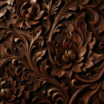 Traditional Thai Floral Ornament Carved into Dark Walnut Wood