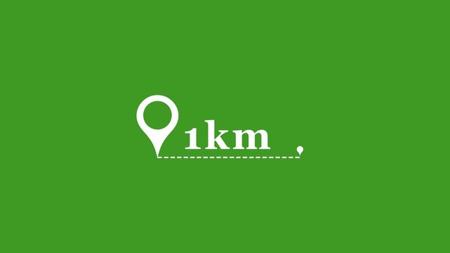 Location pin animation on green map 1km distance marker for travel, navigation, and gps apps map marker animation