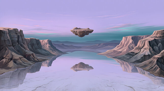 Surreal floating rock formation hovering above a calm reflective lake in a vast desert canyon landscape at twilight