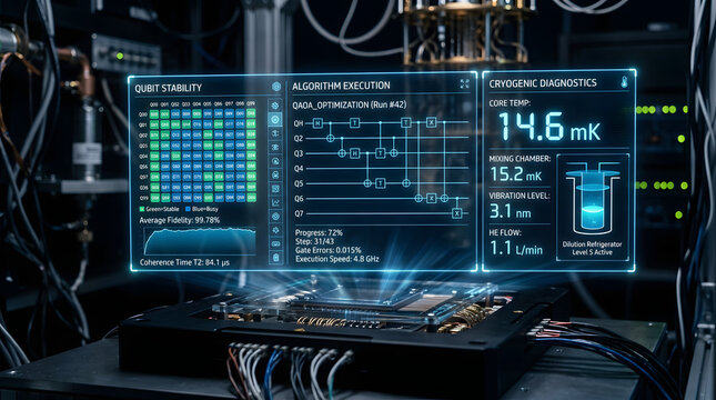 Quantum computer processor with holographic interface displaying qubit stability and cryogenic diagnostics
