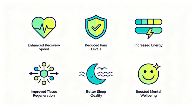 Body and mind recovery enhancement icon, accelerates recovery speed, reduces pain, replenishes physical fitness, repairs tissues, optimizes sleep, and maintains a good psychological state
