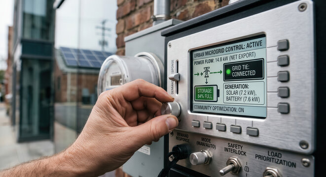 Technician tuning urban microgrid controls to manage solar battery storage and power flow.