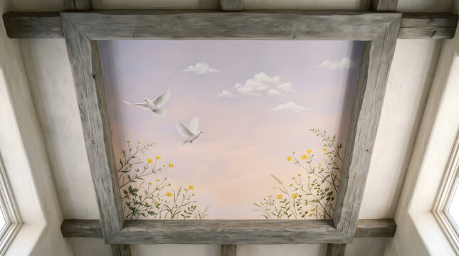 Hand-painted ceiling mural featuring a serene sky with flying white doves and yellow wildflowers framed by rustic wooden beams in a cozy interior space