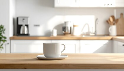 Taza de café blanca sobre una encimera de madera en una cocina moderna y luminosa con fondo desenfocado © EBG Stock Studio
