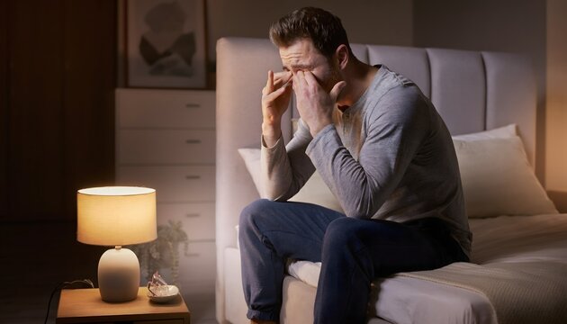 Hombre sentado en la cama con las manos en las sienes y expresi&oacute;n de preocupaci&oacute;n en un dormitorio con luz tenue