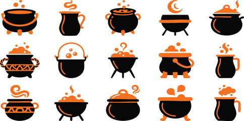 Set of various magic witch cauldrons with bubbling potions and mystical ingredients for halloween design elements © MdAkram