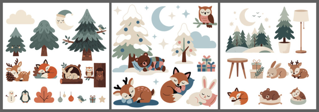 Cute children's Christmas clipart with forest animals: deer, fox, bear, hare and owl sleeping among Christmas trees. Fairytale winter set for textiles, cards and decor