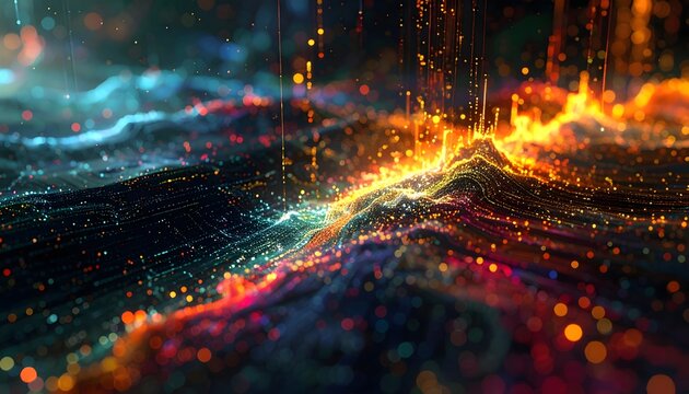 Paisaje digital abstracto con l&iacute;neas luminosas, part&iacute;culas y flujos de datos en colores intensos sobre fondo oscuro tecnol&oacute;gico