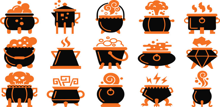 Collection of various magical witch cauldrons with bubbling potions and mystical ingredients for fantasy halloween design projects