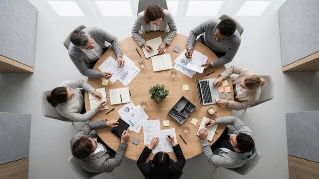 Diverse group of professional business colleagues having a productive meeting and discussing financial charts and documents around a round wooden table in a bright modern office space