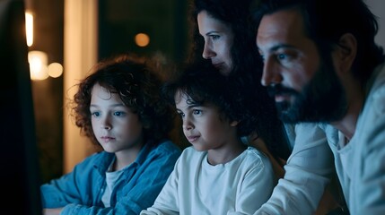 Fototapeta premium A family of four watches something together on a screen in a dimly lit room with warm background lights