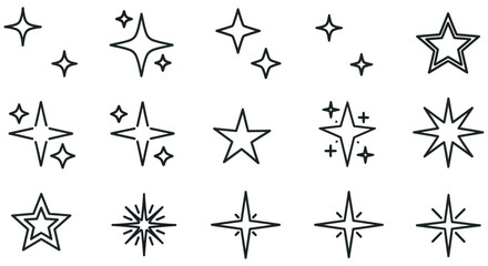 Fototapeta premium Collection Of Black Line Art Stars And Sparkle Shapes On White Background