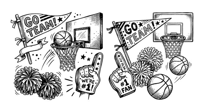 Hand drawn basketball sports elements with team flags balls and fan foam fingers