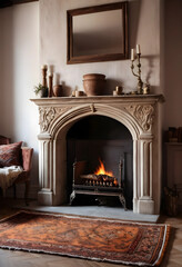 Obraz premium Cozy old stone fireplace with burning fire and rustic decor