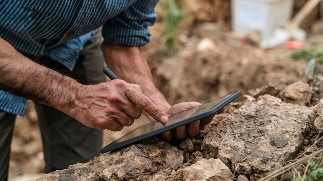 A person using a tablet to record data while working at an outdoor excavation site surrounded by rocks and dirt