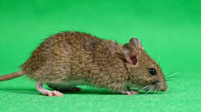 Small brown field mouse walking slowly across a bright chroma key green screen background while twitching its whiskers and sniffing the air