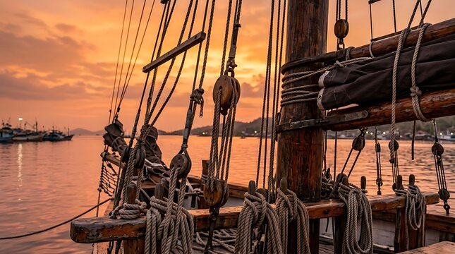 Wooden sailing ship rigging and ropes against a golden sunset sky