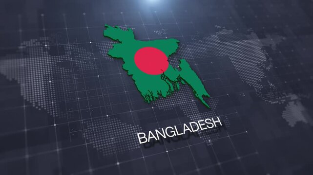 Bangladesh map with national flag on digital world map background, geographic border, global political and international news concept