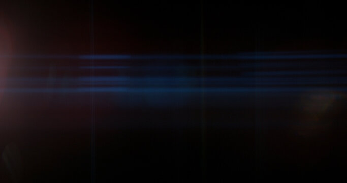 Abstract cinematic anamorphic lens flare overlay with blue horizontal light streaks and warm orange glow on a black background. Ideal VFX element for compositing, titles and film editing.