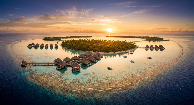Golden sunrise over a secluded tropical island surrounded by crystal-clear turquoise ocean creating a breathtaking aerial paradise landscape with peaceful morning light