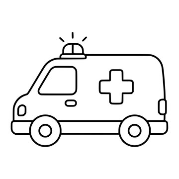 Cute Ambulance black line art vector illustration, minimal outline drawing isolated on white background