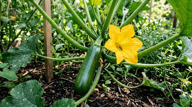 Fresh green zucchini growing on the vine with a bright yellow flower in a garden