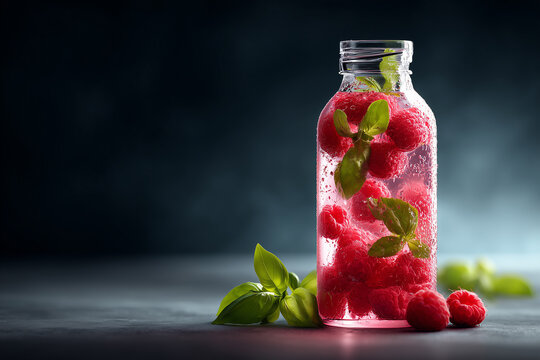 Refreshing homemade fermented kombucha drink with ripe raspberries and herbal basil