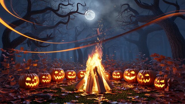 Spooky halloween night with glowing jack o lanterns surrounding a bright campfire in dark forest