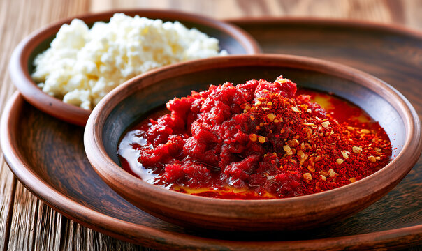 Macro view of spiced raw beef kitfo with clarified butter and ayib cheese