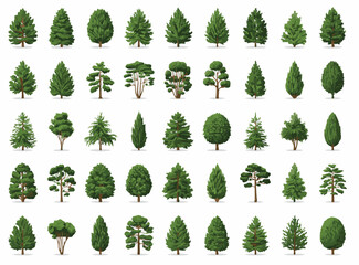 Collection of various green tree set of different deciduous and coniferous tree species with isolated white background © Shahnaz