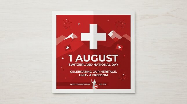 Switzerland National Day 1 August Flat Design Poster with Swiss Alps and Cross Symbol on Wooden Background