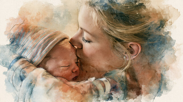 A soft and dreamy watercolor illustration capturing a tender moment as a mother gently kisses her sleeping newborn baby's forehead in a warm, textured embrace.