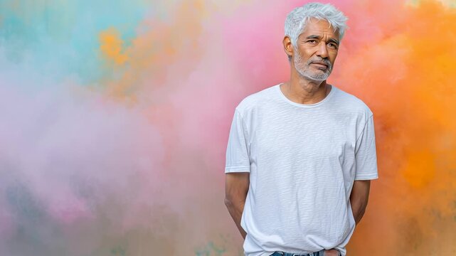 Mature man in white shirt posing against colorful smoke background