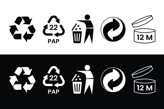 Environmental and Packaging Recycling Symbols Set with Mobius Loop, PAP 22 Paper Cardboard Code, Green Dot and 12M Period After Opening Icons.
