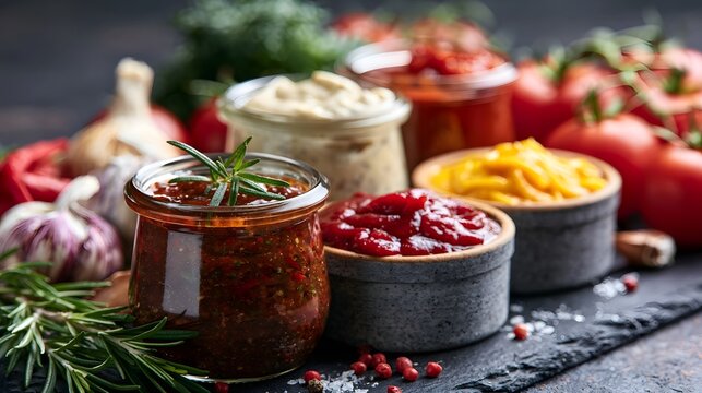 A vibrant array of homemade sauces and condiments displayed with fresh herbs and vegetables on a dark stone surface