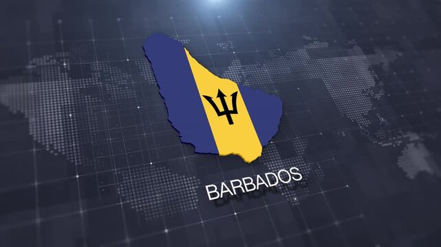 Barbados map with national flag on digital world map background, geographic border, global political and international news concept