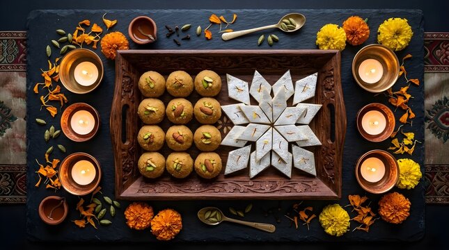 Diwali Sweets Flat Lay with Ladoo, Kaju Katli, and Diyas