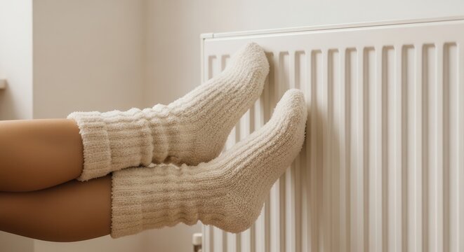 Warming feet on radiator indoors.