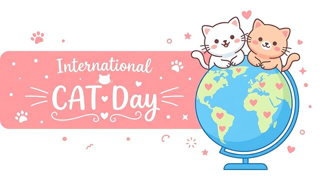 Cute cartoon cats sitting atop global earth globe celebrating international cat day horizontal banner illustration