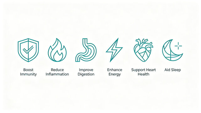 Simple line health icon, enhances immunity, relieves inflammation, improves digestion, replenishes energy, cares for cardiovascular health, assists in falling asleep and resting the body and mind
