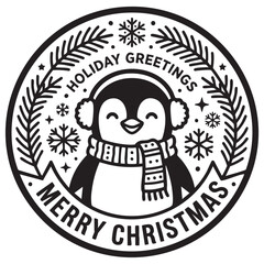 Cute penguin wearing earmuffs and scarf, holiday greetings merry christmas circular badge. © MdNoor