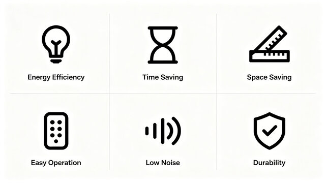 Practical attribute icon for household appliances, energy-saving, time-saving, space saving, easy to operate, low noise, durable structure, suitable for various daily use scenarios at home

