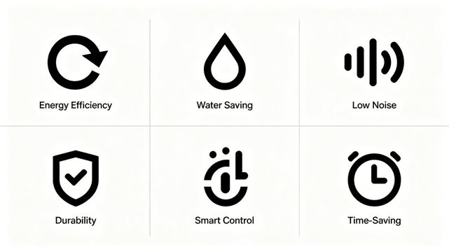 Home appliance performance icon, water-saving, energy-saving, low-noise, durable, intelligent and time-saving, significantly reducing various resources and time costs for daily home use
