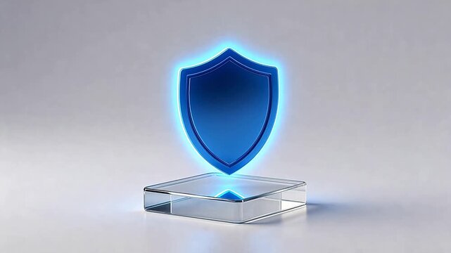 Blue glowing shield on glass pedestal