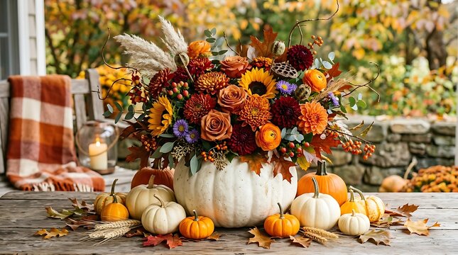 Beautiful autumn flower arrangement inside a white pumpkin vase on a rustic wooden porch