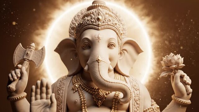 Luxury cinematic close view of Lord Ganesha in a centered symmetrical blessing pose inspired by traditional Indian sculpture finely crafted ivory white dhoti embroidered ceremonial shawl sacred neckla