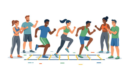 Fototapeta premium Diverse multicultural group of friends training with agility ladder drills for fitness flat vector illustration
