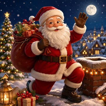 Santa claus waving hand while holding gift bag on rooftop at christmas night under full moon with christmas presents greeting celebration cheerful