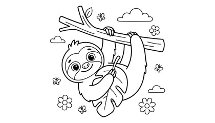 Cute cartoon sloth hanging on a branch with leaves and butterflies in a simple vector silhouette style © MdJamil